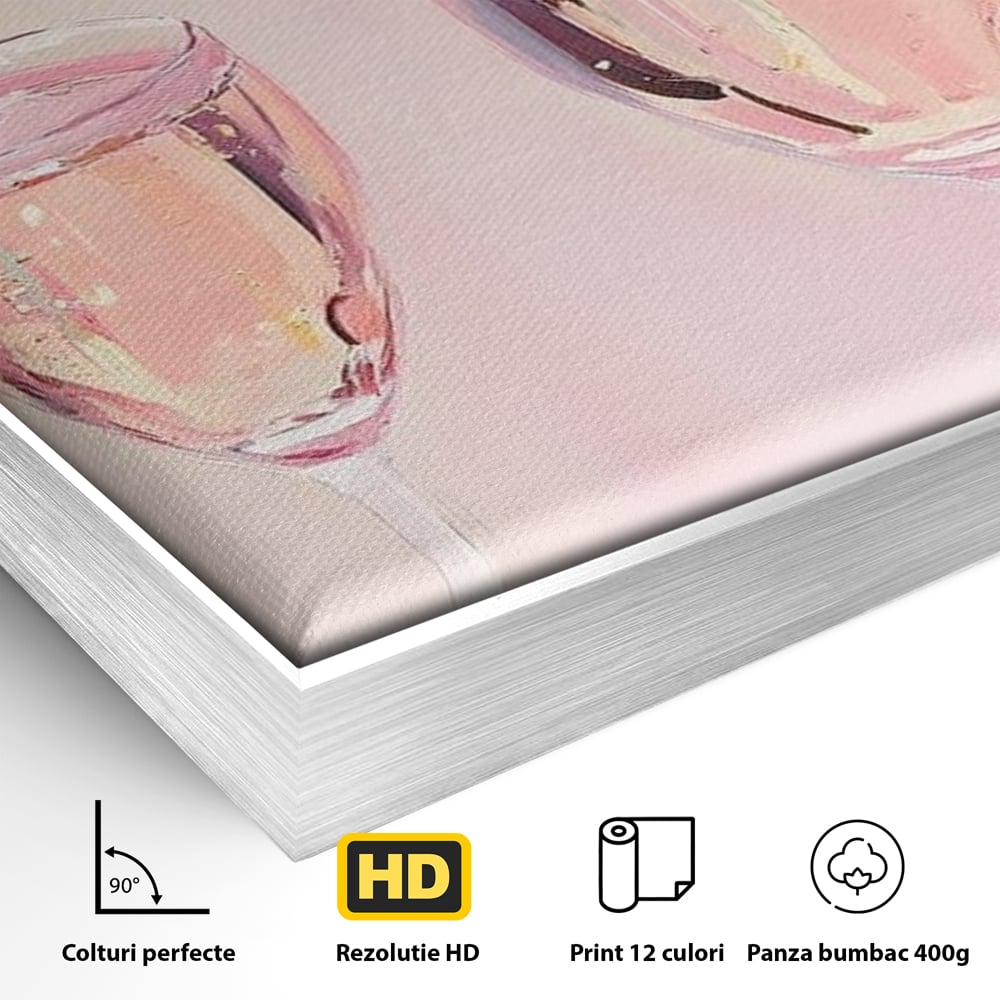 Detaliu al suprafetei: pictura cu sticla si pahare de sampanie roz, in rama de aluminiu argintiu